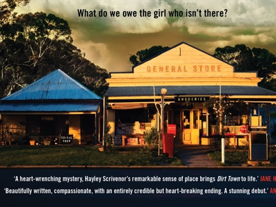 Dirt Town book cover. Small town general store and clouds