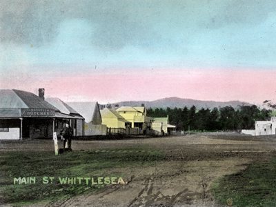 Main Street Whittlesea Local History Collection. A butcher shop and some houses with wide open dirt road. 
