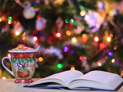 A photo of a book laying open on the table with a mug next to it, there is a Christmas tree in the background with the lights on