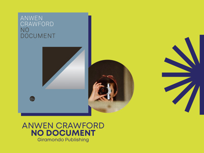 A graphic collage of the book cover for No Document with a photo of author Anwen Crawford next to it 