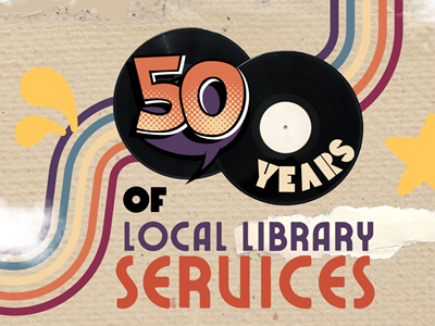 50 years of local library services at Diamond Valley text with records and swirls