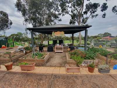 A well-used gazebo in the middle of garden beds planted with veggies