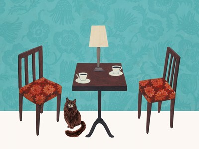 Before the Coffee Gets Cold Book Cover image. Two empty chairs, small table with cat underneath it and lamp on top next to two cups of coffee