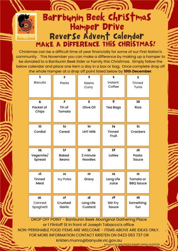 Barrbunun Beek Christmas Hamper Drive reverse advent calendar ideas