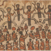 Drawing in brown and red pencil. Six Aboriginal men with traditional body painting perform a dance—the repetition of their forms, with arms and legs widely spread and bent, is frieze-like. The lower half of the drawing shows a group of people in elaborately decorated possum-skin cloaks sitting and clapping. A lone man standing at the centre of the composition is the focus of their attention as he dictates the rhythm for the dance by clapping together two boomerangs.