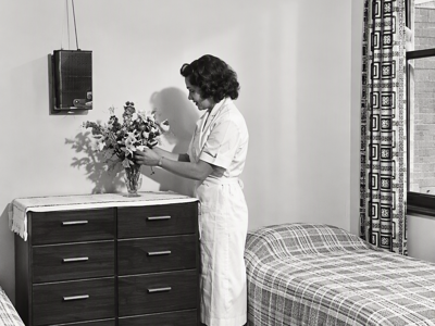 black and white image of an interior room with two single beds separated by a chest of drawers. A woman with shoulder lenght dark hair stands side on to the camera arranging a large arrangement of flowers in a vase.